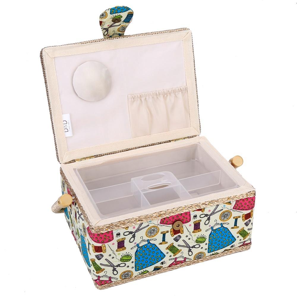 Vintage Wooden Sewing Basket Print Design Sewing Kit Tools Fabric Storage Sewing Box  DIY Crafting Colorful Green