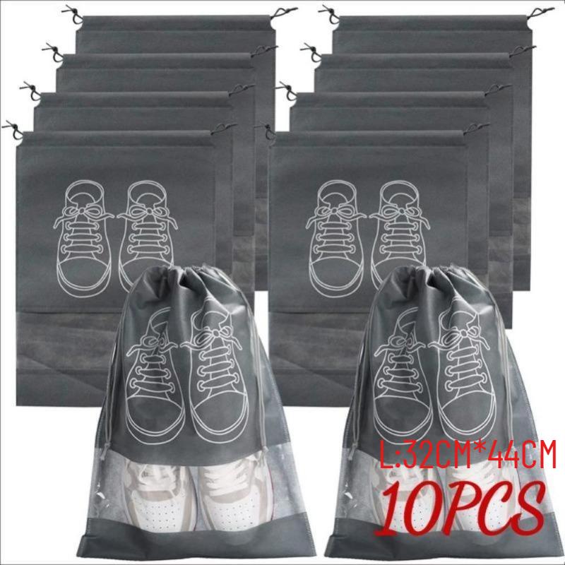 10PC Shoe Storage Bag, Dustproof and Insect Proof Non-woven Fabric Tightening Bag, Transparent Travel Shoe Storage Device