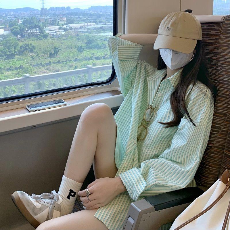 Pink, Niche Design Striped Shirt Women's Long-sleeved Thin Spring and Autumn Trendy Shirt Cardigan Jacket