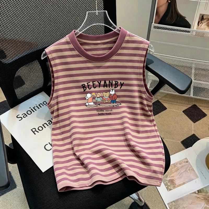 Girls' Cartoon Patchwork Stripe Sleeveless Tank Top (6-12 Years) - Summer 2026 Collection
