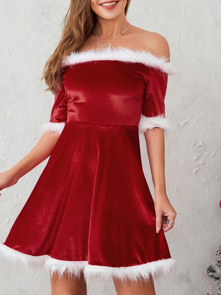 Off-Shoulder Plush A-Line Dress - Autumn/Winter Edition