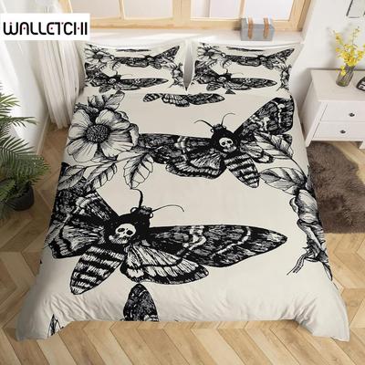 Skull Comforter Cover Set Twin Size Moth Printed Gothic Style Duvet Cover,Sugar Skull Pattern Botanical Floral Decor Bedding Set