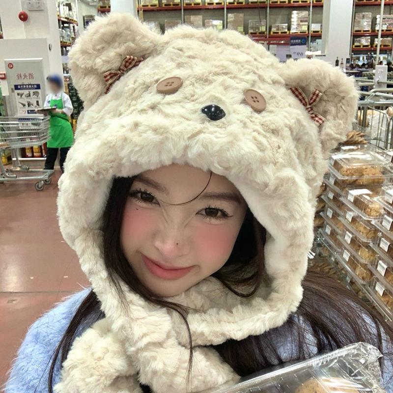 

Осень Зима Мультяшный Медведь Плюшевая Шапка-пуговица Шарф и Шапка Интегрированная Утолщенная Ветрозащитная Теплая Грелка для шеи Шапка one size