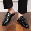 Designer Patent Leather Mens Mules Half Shoes Men Dress Causal Shoes Slides Sandals Black Slippers Breathable Flat Shoes for Men