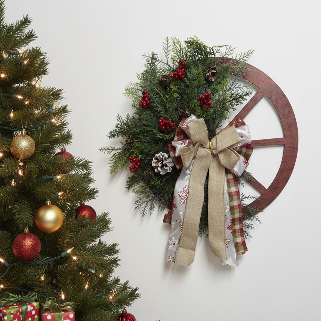 Outdoor Yard Decoration Set 40x45cm Christmas Swag Wreath Vintage Wood Fall Garland Red Wagon Wheel Garlands for Holiday Party