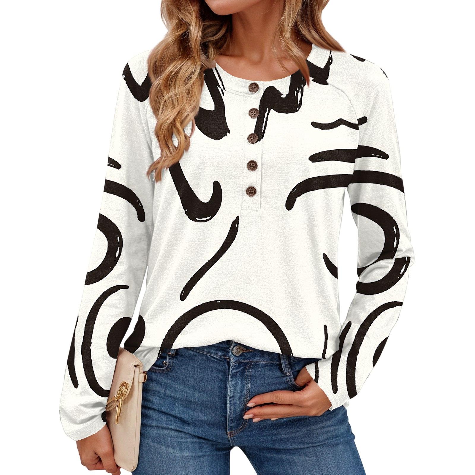 

Женский модный ретро топ с геометрическим принтом, круглым вырезом и длинными рукавами XL