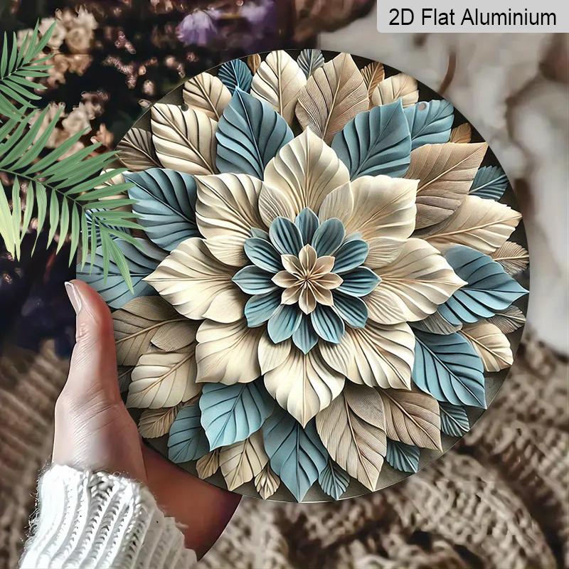 2D Flat, 1pc Round Art Metal Aluminum Wall Decor - Blue and White Leaf Floral Vintage Decorative Plaque, Suitable for Indoor/Outdoor, Durable for