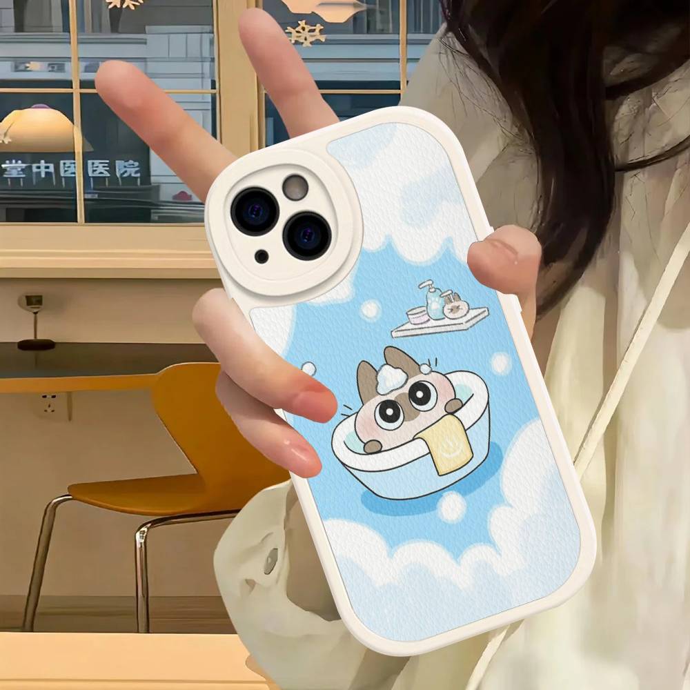 Cartoon Siamesische Katze Paar Handyhülle für iPhone 16 15 14 11 12 13 Pro Max Plus Rückseite Lederhülle