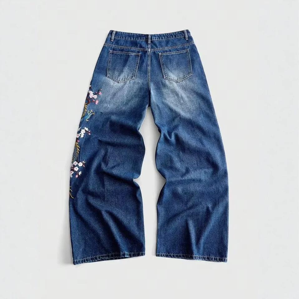2026 foreign trade new European and American flower printing jeans straight mopping pants