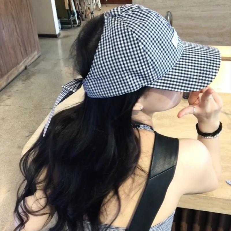 Letter plaid bow empty top baseball cap summer sun protection baseball cap bow long streamer curved brim cap