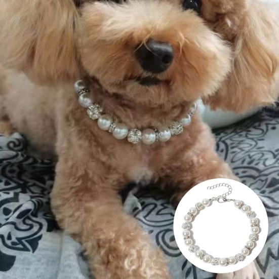 

Pet Necklace Inlaid Rhinestone Dress-up White Puppy Faux Pearls Collar Necklace for Weddings