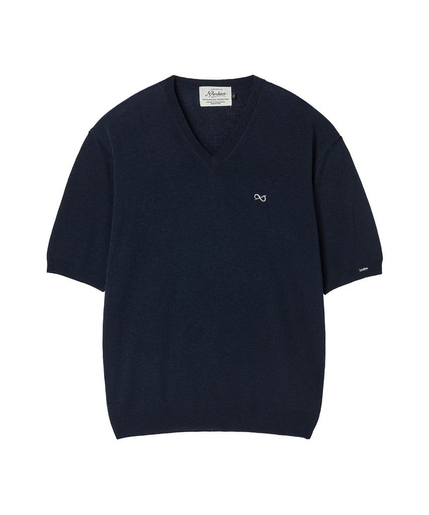 BEYOND CLOSET [Collection Line] Soft Breeze V-Neck Short Sleeve Knit Navy