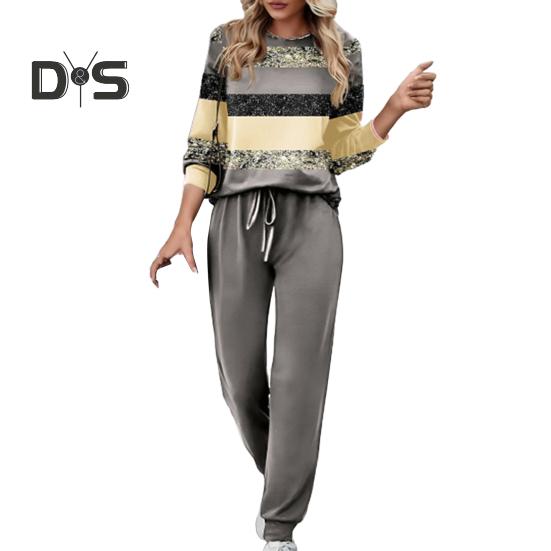 

Женский повседневный спортивный костюм на весну и осень, свободные топы с длинными рукавами и принтом в полоску, спортивные штаны с эластичной резинкой на талии, спортивная одежда, комплект из двух предметов XL жёлтый