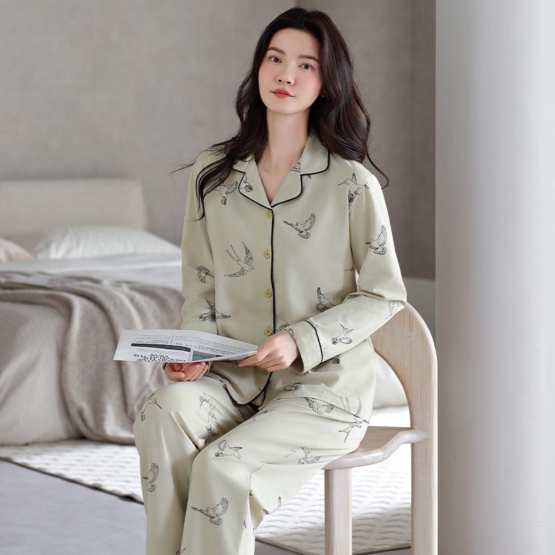 Women's Pure Cotton Long Sleeve Pajama Set - Casual Two-Piece with Simple Print for Home or Outwear