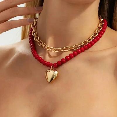 New Fashion 2Pcs/set Punk Metal Love Heart Pendant Necklace Women Trendy Red Acrylic Beaded Clavicle Chain Daily Jewelry Gifts