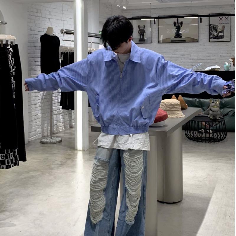 

Мужская полосатая куртка кросс-бордер - Рубашка в стиле хай-стрит свободного кроя, защита от солнца с подплечниками L синий