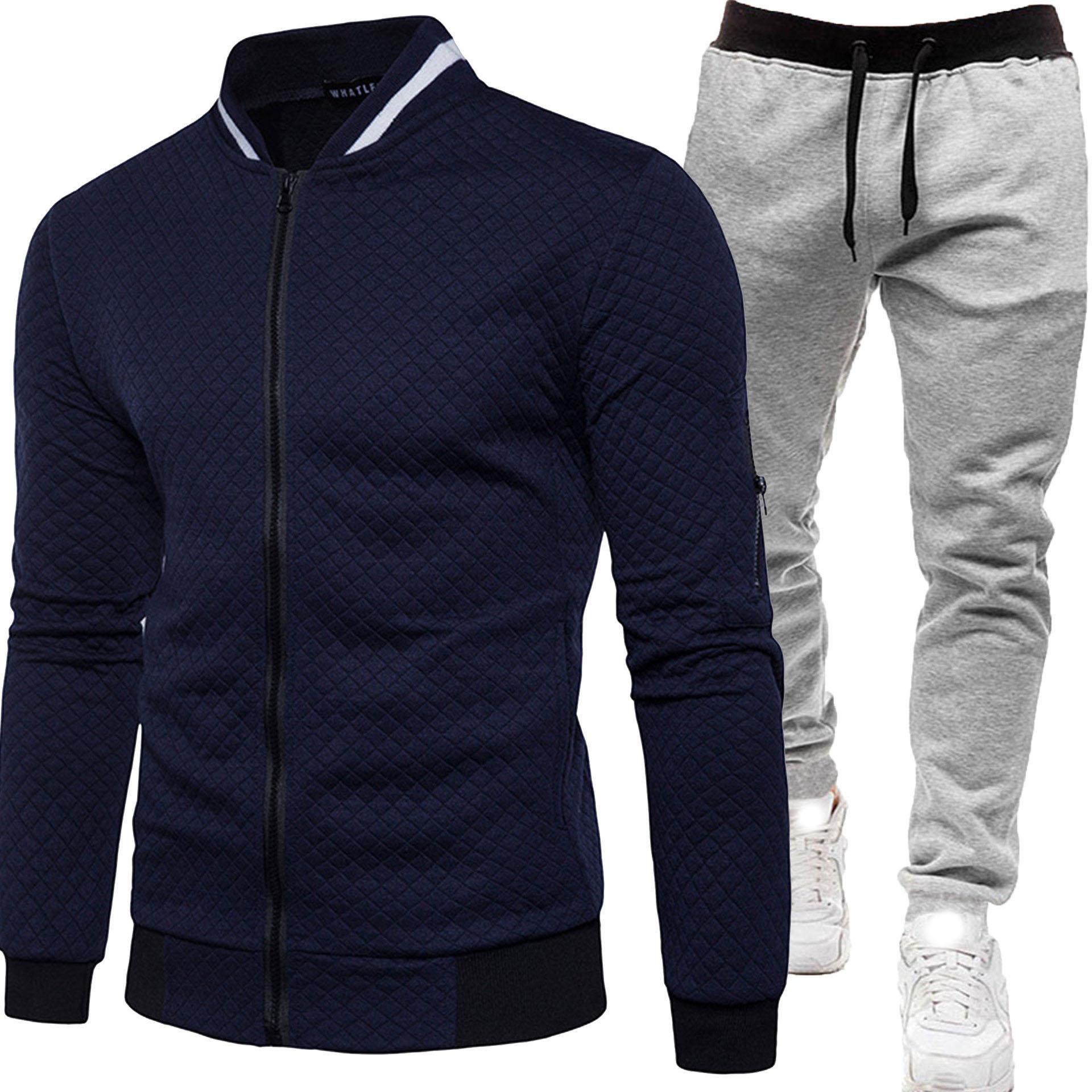 

Spring and Autumn Men s Plus Size Collar Zip Cardigan Sweater Jacket + Casual Trousers Baseball Uniform Sports Two Piece Set 3XL