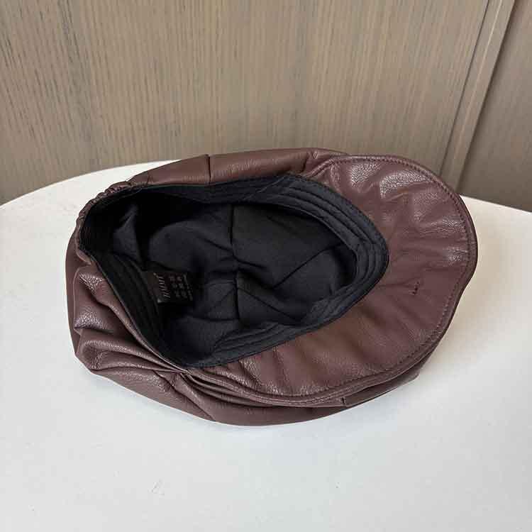 Retro Leather Cloud Octagonal Hat Women'S Niche Versatile Face Small Cap Pu Reverse Forward Hat