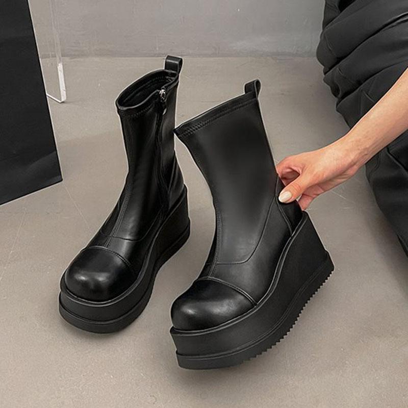 

Модные женские ботильоны на платформе, с круглым носком, женские осенние готические ботильоны на высоком каблуке, женские короткие ботинки на танкетке, с боковой молнией, женские ботильоны 35 чёрный