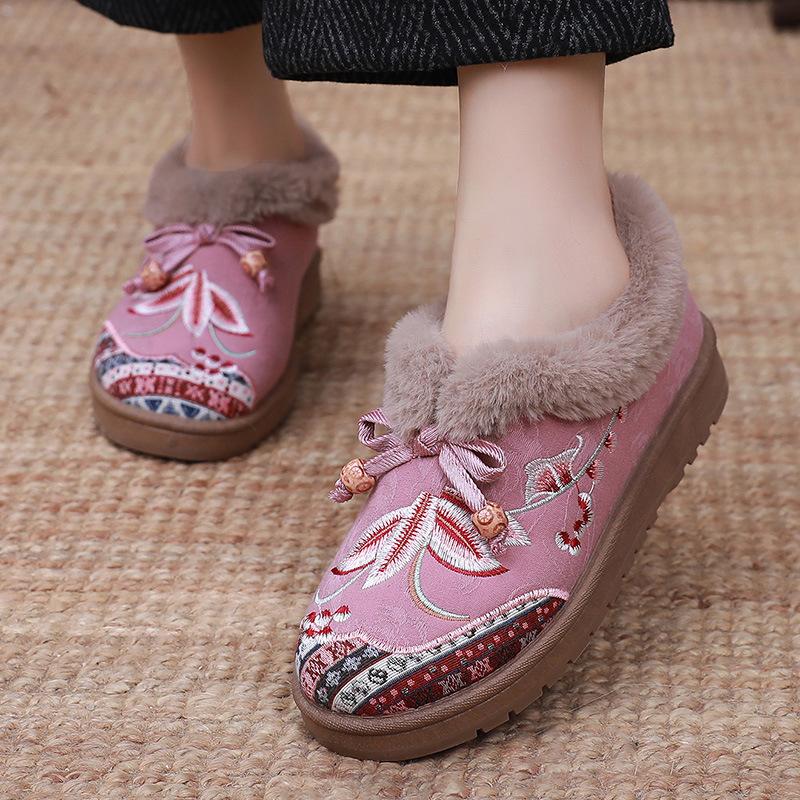 Women's Winter Fur Lined Loafers Platform Embroidered Loafers Shoes for Women Chunky Warm Plush Comfortable Non-Slip Round Toe Loafer Slippers Women