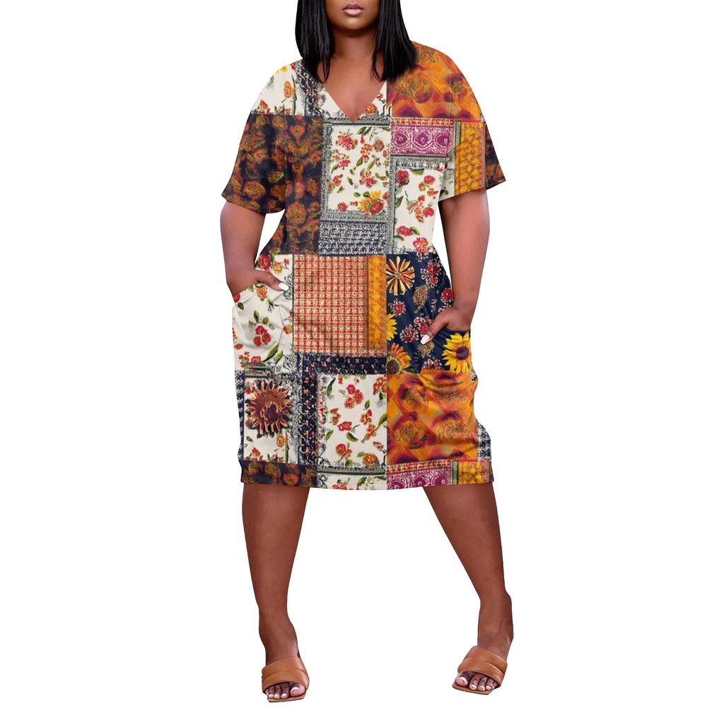 Summer Plus Size V Neck Short Sleeve Knee Pocket Print Casual Dress For Women