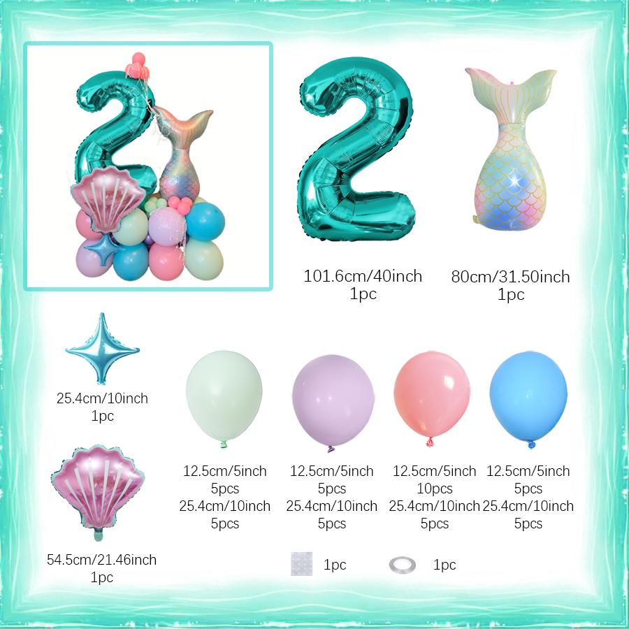 Mermaid Shell Themed Balloon Set with Numbers 1-9th Blue Purple Pink Latex Foil Balloons for Girl Princess Birthday Party Decor