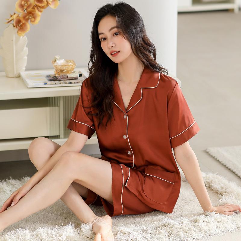 Pajamas Women's Summer Ice Silk Short-sleeved Shorts Thin Cardigan Set Women's Simple Casual Large Size Cool Loungewear