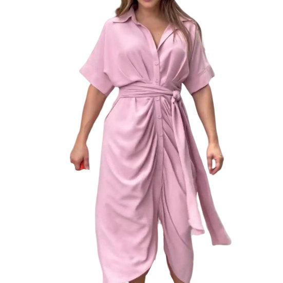 Sukienka letnia damska z kołnierzykiem w serek, sznurowana, z wysokim stanem, z krótkimi rękawami, typu koszuli, jednorzędowa, plisowana, do kostek, dojazd do pracy, maxi