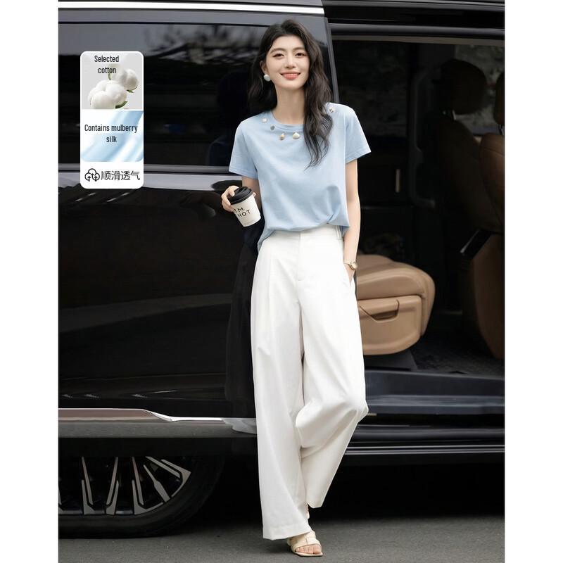 Demana Women s Summer Slimming Mercerized Cotton Round Neck T-shirt XL