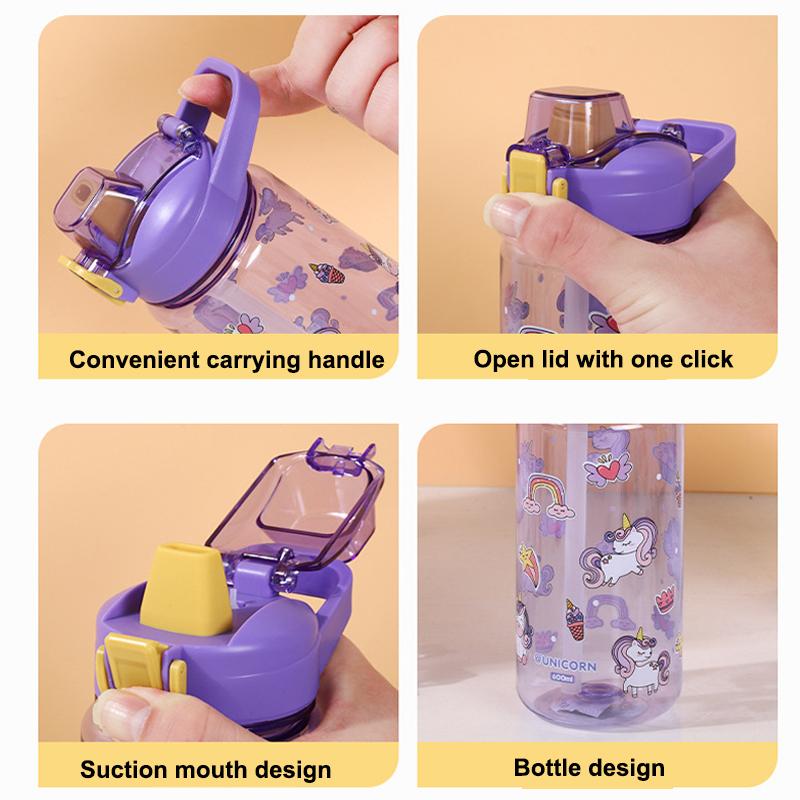 Bottiglia d'acqua per bambini da 600 ml con cannuccia, borraccia portatile anti-caduta per studenti con cartone animato di animali, bollitore per bevande per bambini piccoli