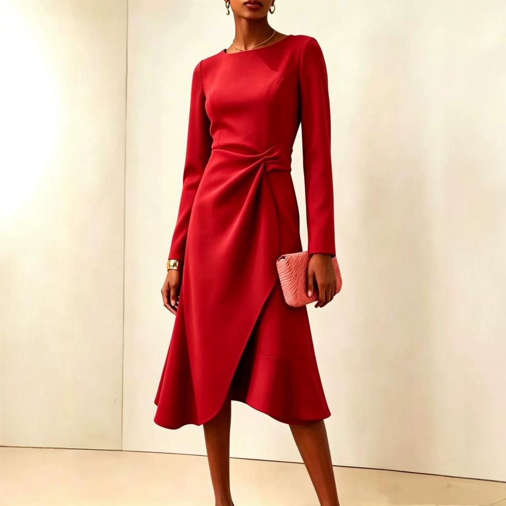 European and American Women's Clothing New Long-sleeved Solid Color Round Neck Dress Medium and Long Dress Women