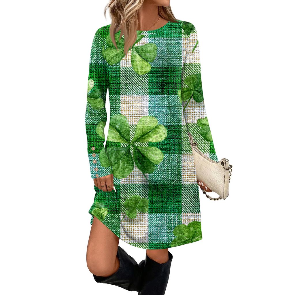 Women's Fashionable Round Neck Long Sleeved St. Patrick's Day Printed Pocket Button Casual Dress