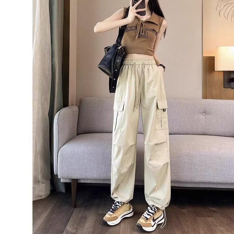 American Women's 2024 Summer Ice Silk Quick-Dry High-Waisted Cargo Pants - Breathable, Thin, Cuffed, Nine-Point Casual Trousers