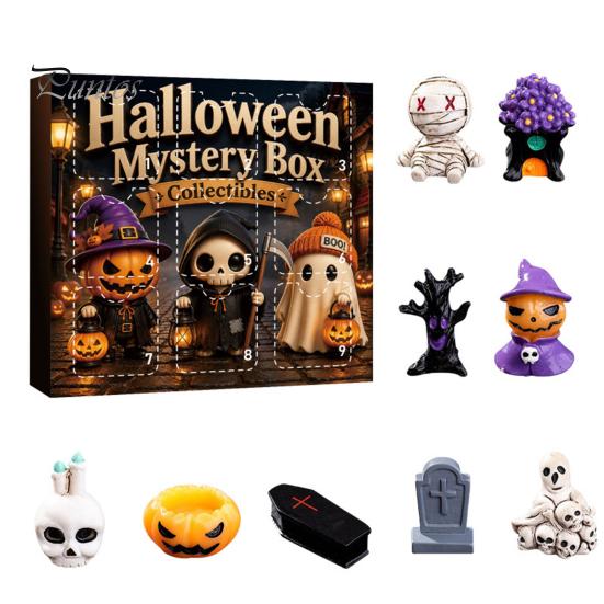 Halloween Home Table Decor Advent Calendar with 9 Mini Resin Figures, Day Spooky Countdown Decorative Figures for Windows To Calendar, Surprise