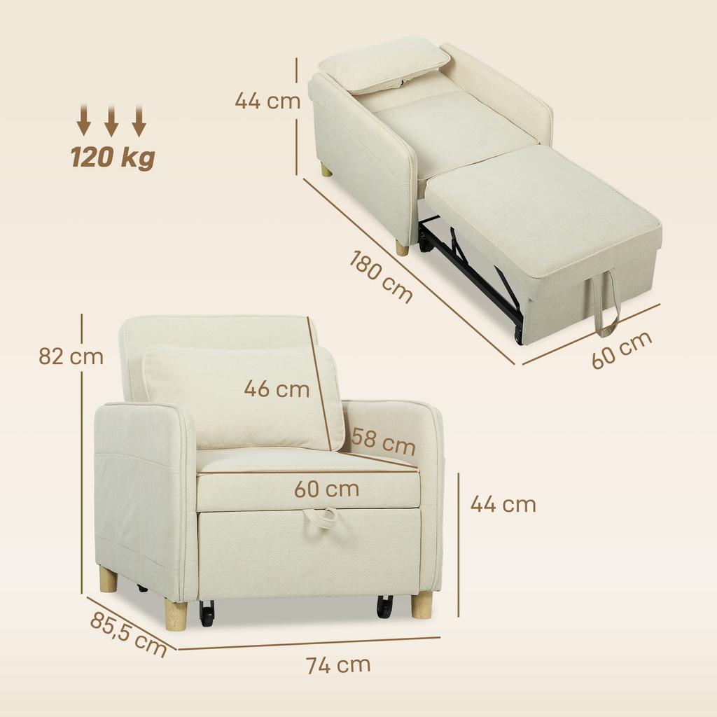 Convertible Armchair, 1-Seater, 3-in-1, Corn-Grain Velvet, Beige