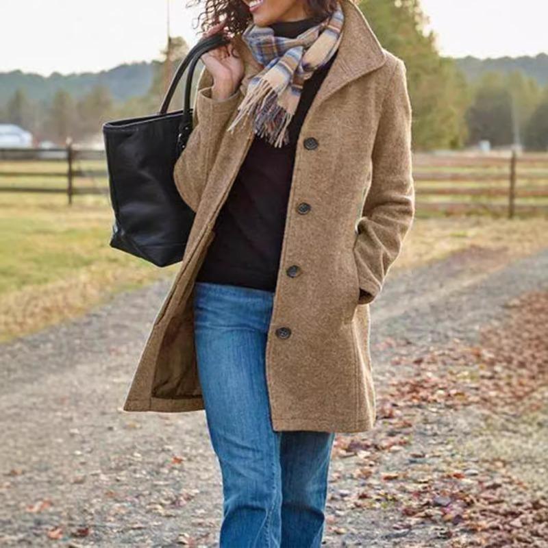 

Women s Solid Color Woolen Coat Retro Style Stand-up Collar Single Breasted Casual Long Sleeve Jacket Thick Woolen Mid Length Overcoat Autumn Winter S хакі