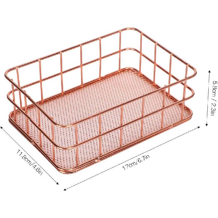 Rose Gold Wire Mesh Basket,Makeup Storage Basket Organizer Metal Desk Drawer Organizer Desktop Holder Tray Metal Grid Fruit Clothing Table Organizing
