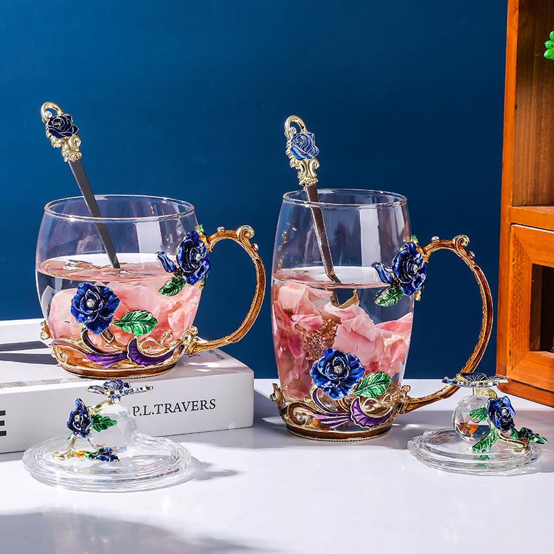 Colored Enamel Flower Glass Tea and Coffee Cup Set for Home and Office