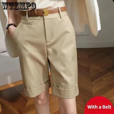 Damen Sommer Shorts Hohe Taille Knielange Gerade Hose mit Gürtel Büro Dame Khaki Schwarz Lässige Kurze Hose