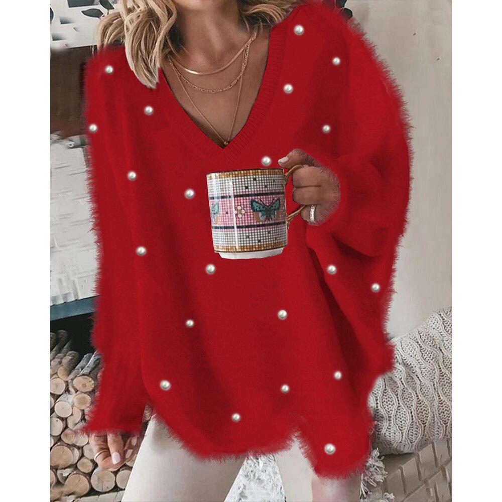 2025 A/W V-Neck Beaded Solid Color Sweater for Women