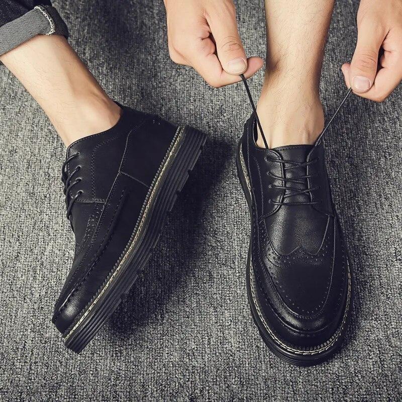 100% Genuine Leather Shoes Fashion Brogues Flat Thick Sole Male Footwear Pure Black Casual Mens Shoes