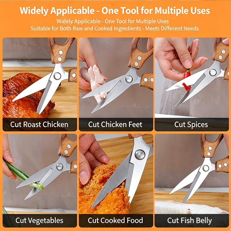 Stainless Steel Kitchen Scissors Acacia-Handled Chicken Bone Shears Multi-Purpose Cutting Meat Fileting Fish Kitchen Shears
