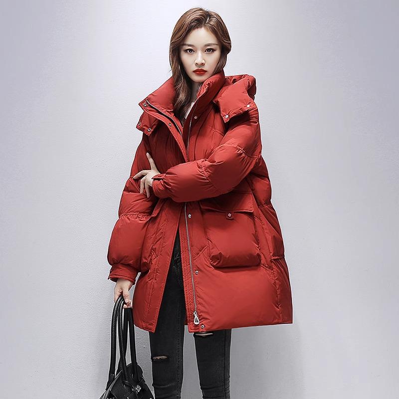 Women's Mid-Length Winter White Duck Down Hooded Coat - Fashionable and Warm