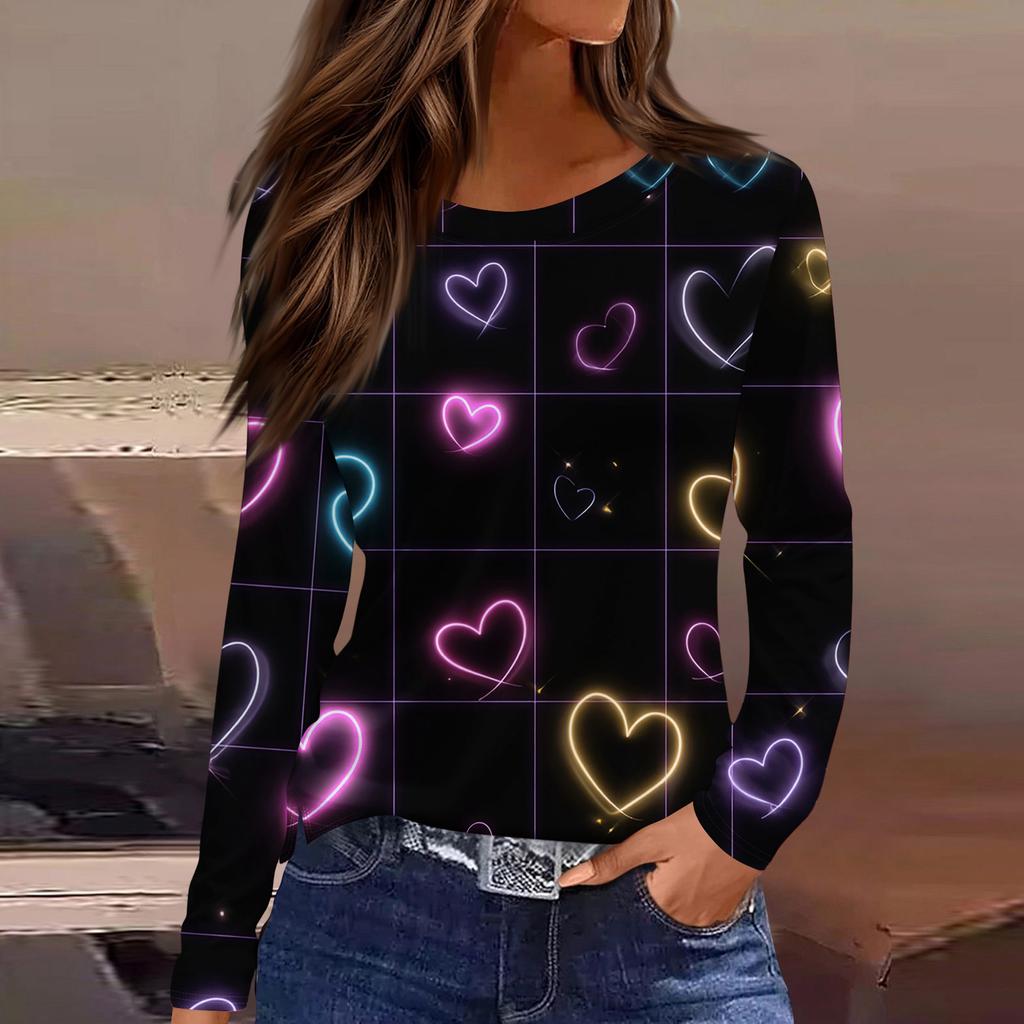 Damen Modisches Langarm-Rundhals-Oberteil mit Schlitzsaum und Valentinstag-Herzprint