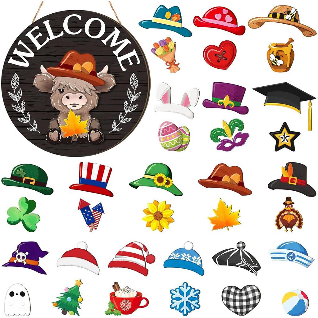 Halloween Gnome Welcome Sign with Magnetic Removable Hats DIY Gnome Door Sign Decor Multi-Purpose Creative Wood Decoration Plate