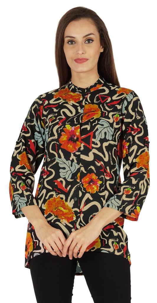 Bimba Button Down Tunic Casual Printed 3 4th Sleeves Loose Fit Rayon Tunic Long Shirt Top For