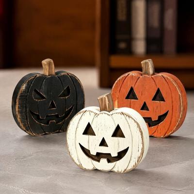 Indoor Halloween Ornaments 3Pcs Pumpkin Tabletop Decor, Rustic Face Wooden Block Small Decorative Figurines Ornaments, Farmhouse Desktop Craft