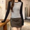 Round Neck Contrasting Color Raglan Long-sleeved T-shirt for Women's Outer Wear New Autumn Design Foreign Chic Short Bottoming Shirt Top