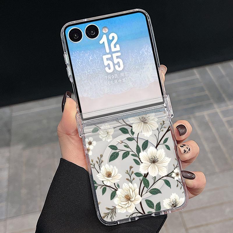 With Hinge Magnetic Phone Case For Samsung Z Flip 8 7 FE 6 5 4 White Flowers Print Hard Folding Phone Cover For Galaxy Z Flip8 Flip7 Flip6