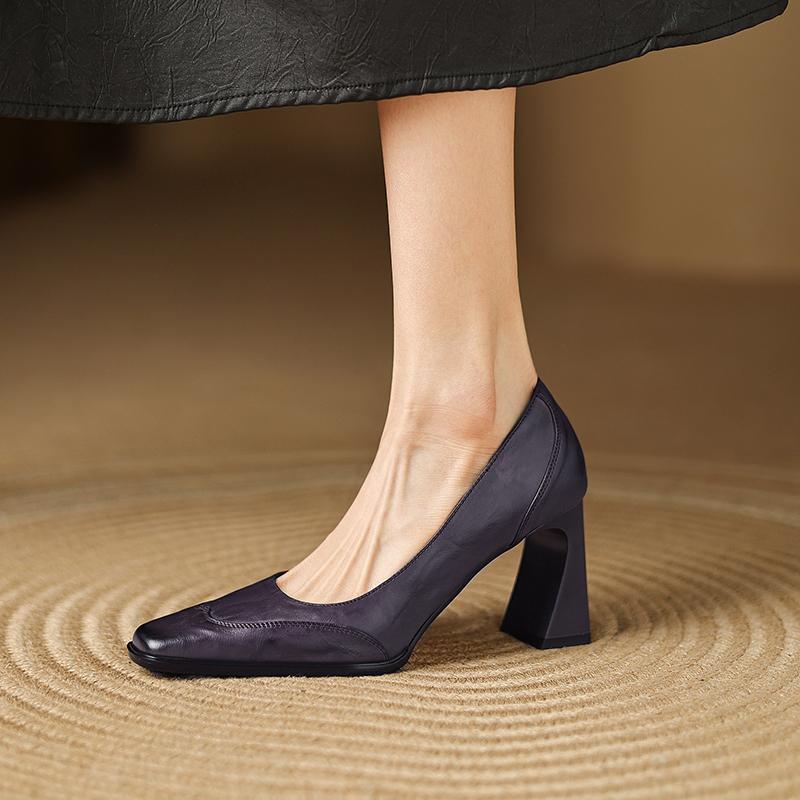 Fashion 2025 New Fashion Women High Quality Cow Leather Pumps Comfortable Thick Heels Slip on Solid Color Dress Party Pumps Shoes Woman